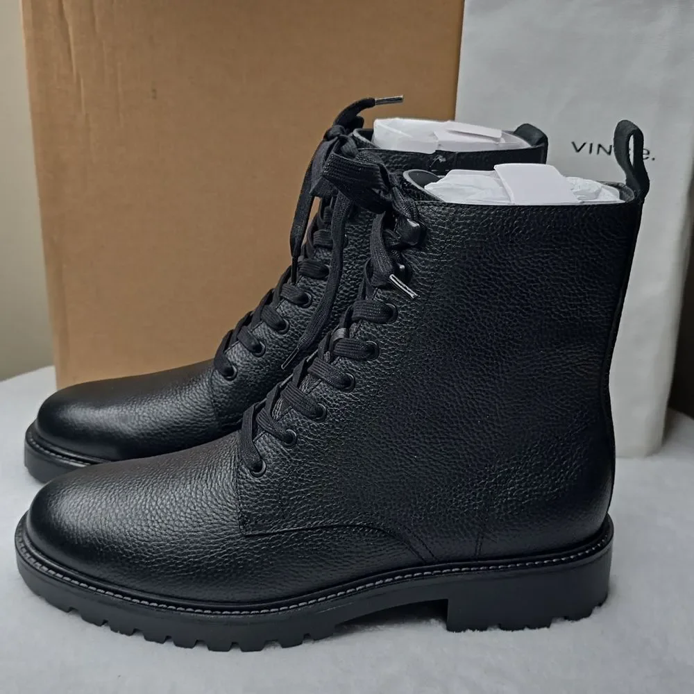 Vince Dominic Leather Combat Boots Black Lug Sole Lace Up  display picture 1